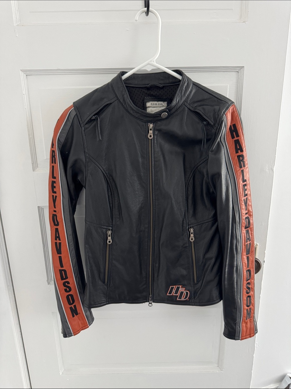 Harley-Davidson Black Leather Jacket with Orange Sleeve Panels